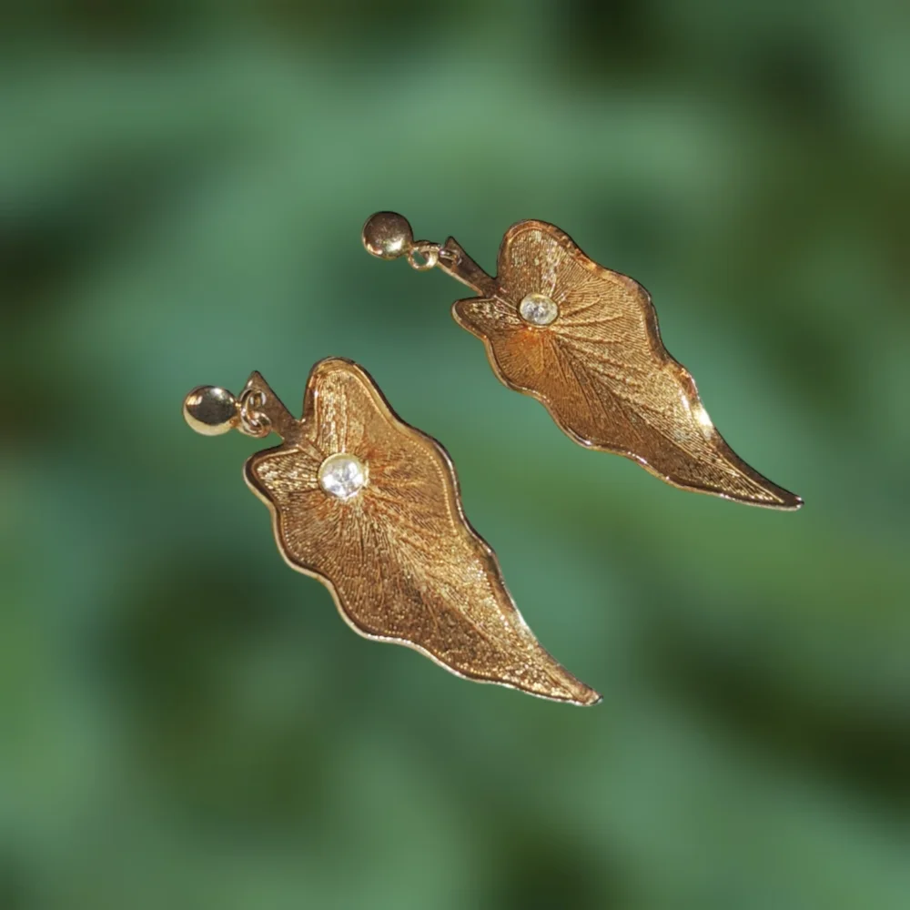 Leaf Shaped Gold Tone Earrings w/Clear